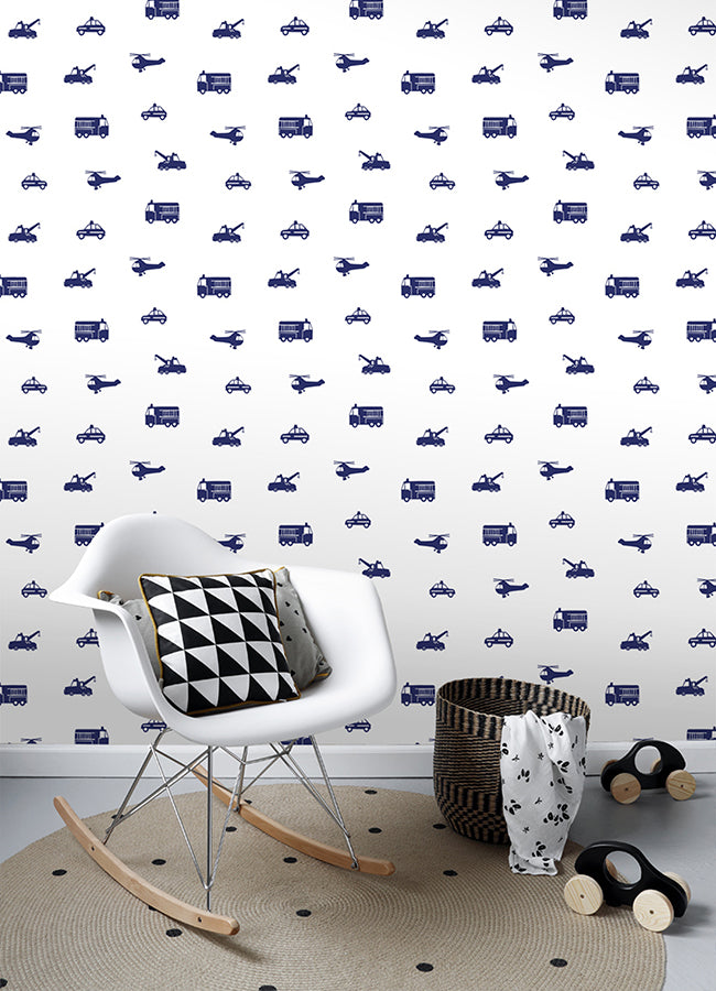 Briony Navy Vehicles Wallpaper  | Brewster Wallcovering - The WorkRm