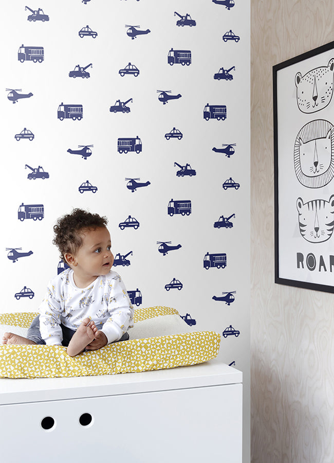 Briony Navy Vehicles Wallpaper  | Brewster Wallcovering - The WorkRm