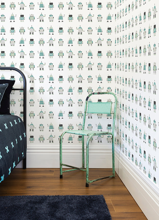 Callum Teal Robots Wallpaper  | Brewster Wallcovering - The WorkRm