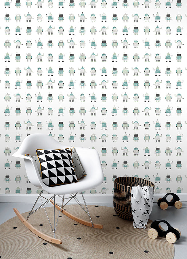 Callum Teal Robots Wallpaper - Brewster Wallcovering