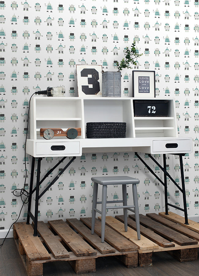 Callum Teal Robots Wallpaper  | Brewster Wallcovering - The WorkRm