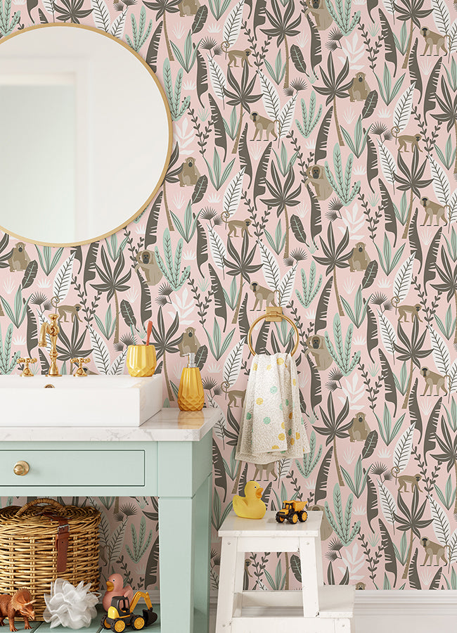 Kiki Pink Monkeys Wallpaper  | Brewster Wallcovering - The WorkRm