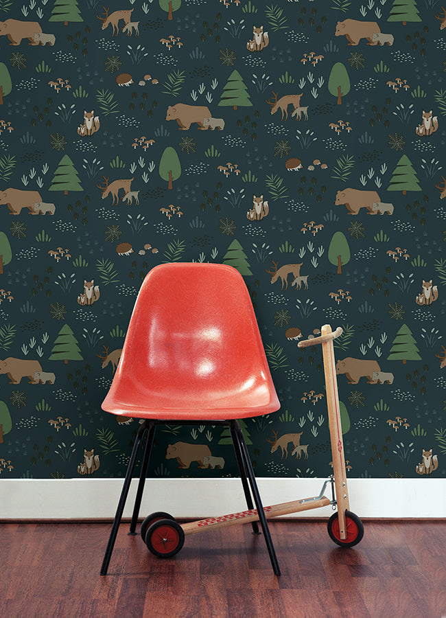 Finola Dark Blue Bears Wallpaper  | Brewster Wallcovering - The WorkRm