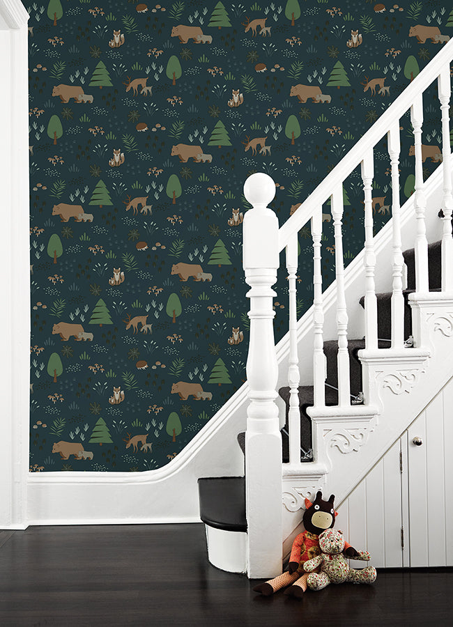 Finola Dark Blue Bears Wallpaper  | Brewster Wallcovering - The WorkRm