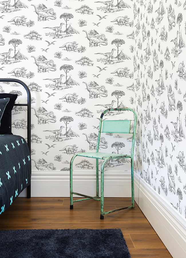 Isolde Charcoal Dinosaurs Wallpaper  | Brewster Wallcovering - The WorkRm