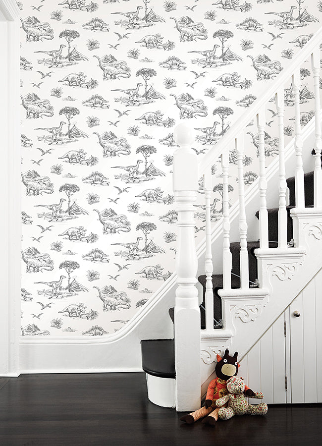 Isolde Charcoal Dinosaurs Wallpaper  | Brewster Wallcovering - The WorkRm