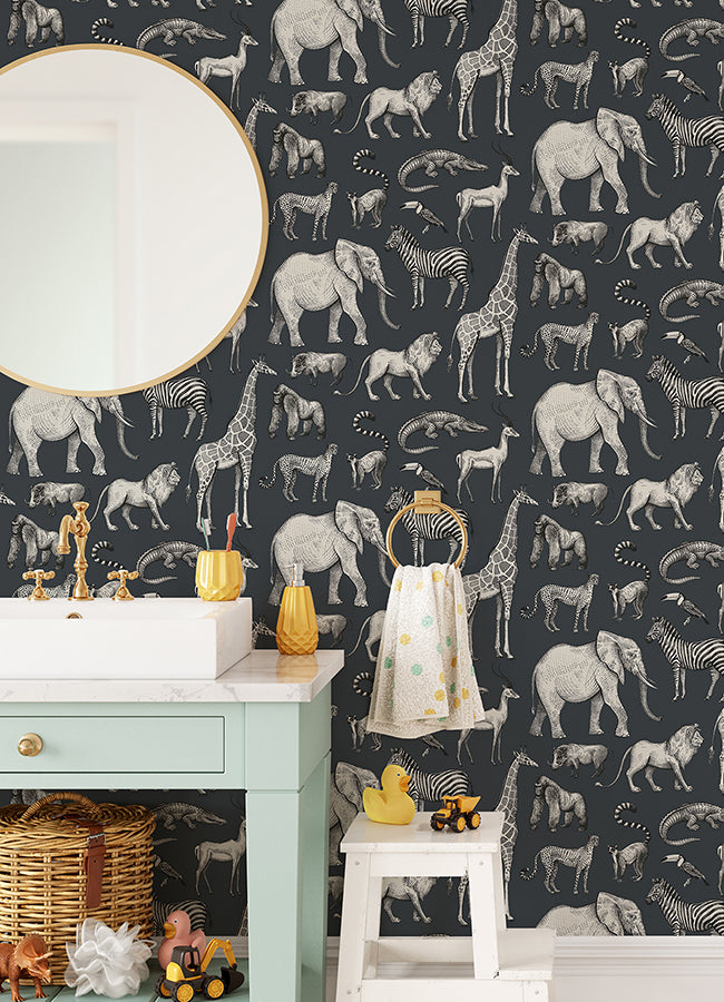 Kenji Navy Safari Wallpaper  | Brewster Wallcovering - The WorkRm