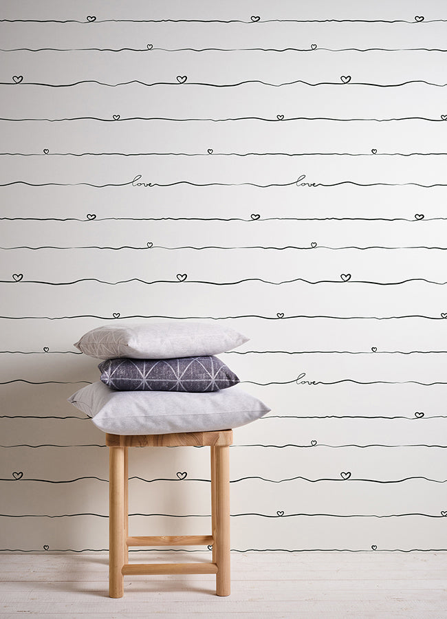 Love & Hearts Black Script Wallpaper - Brewster Wallcovering