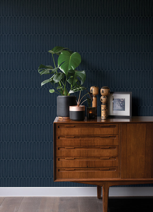 Lars Navy Retro Wave Wallpaper - Brewster Wallcovering