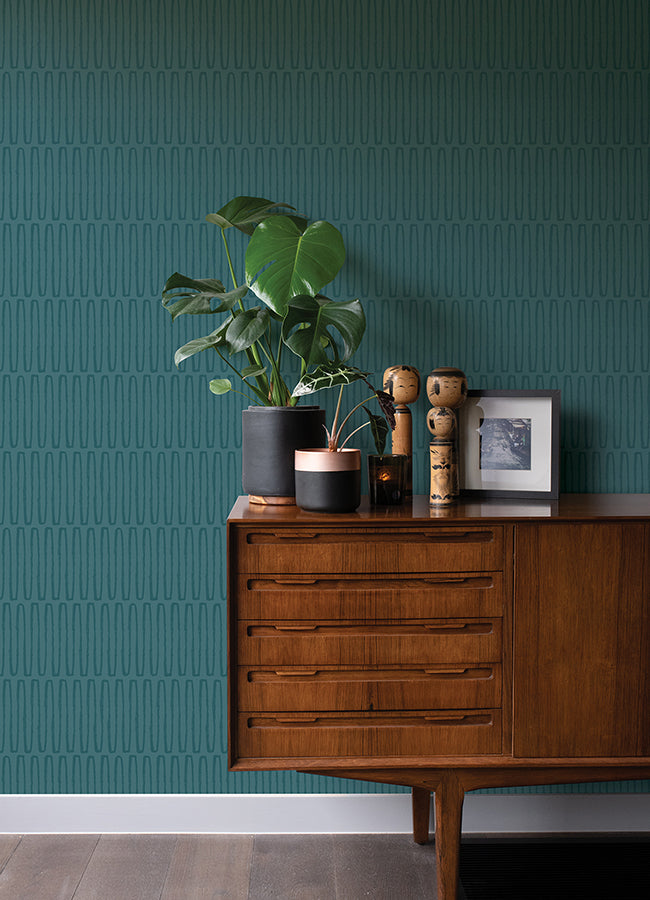 Lars Teal Retro Wave Wallpaper - Brewster Wallcovering