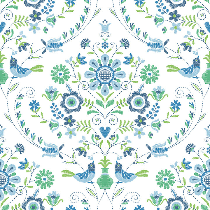 Picture of Britt Sapphire Embroidered Damask Wallpaper