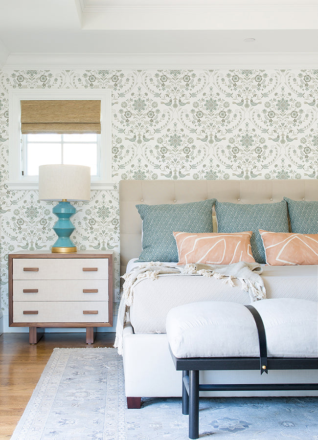 Britt Neutral Embroidered Damask Wallpaper  | Brewster Wallcovering - The WorkRm