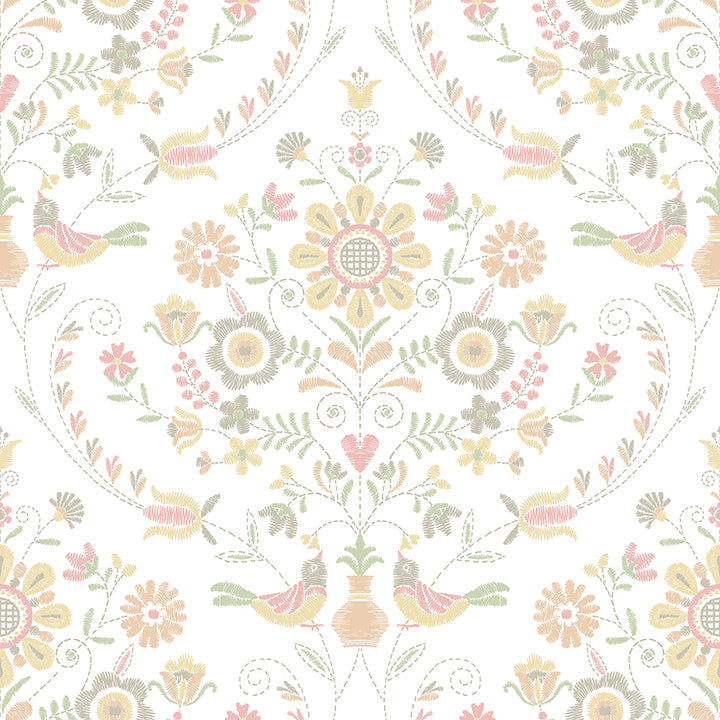 Picture of Britt Peach Embroidered Damask Wallpaper