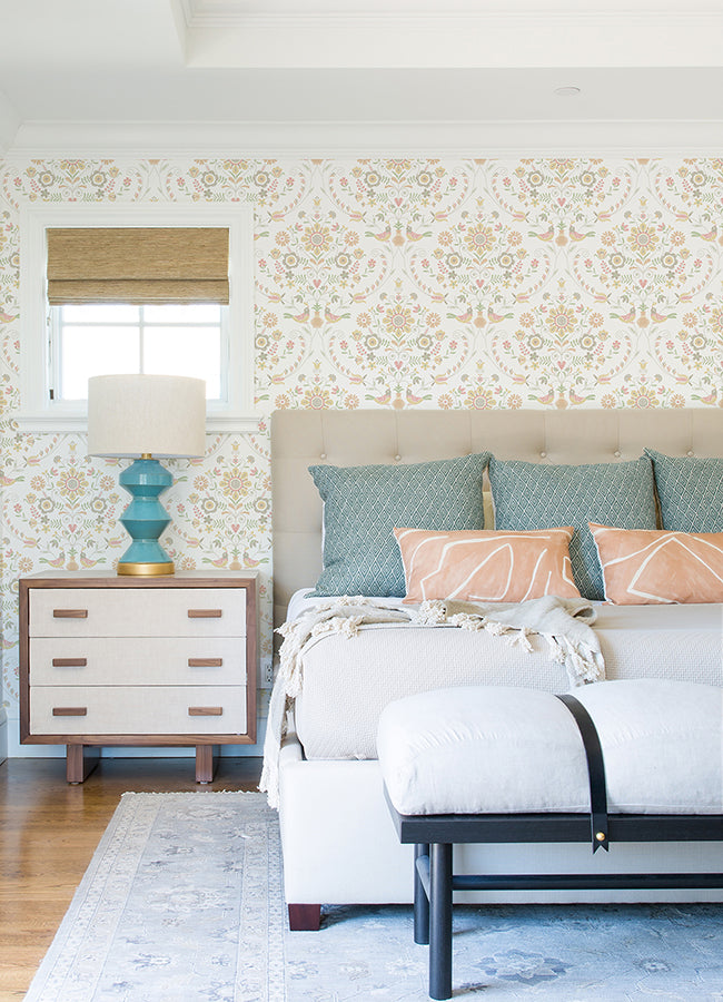 Britt Peach Embroidered Damask Wallpaper  | Brewster Wallcovering - The WorkRm