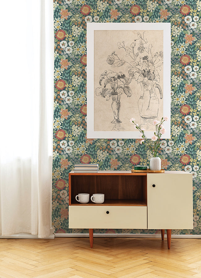 Karina Teal Wildflower Garden Wallpaper  | Brewster Wallcovering - The WorkRm