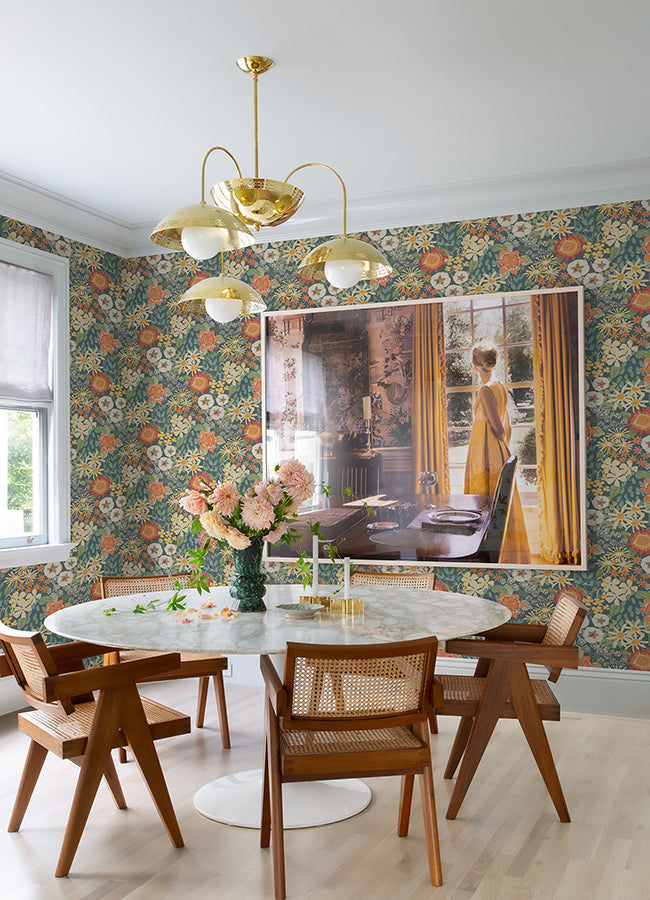 Karina Teal Wildflower Garden Wallpaper  | Brewster Wallcovering - The WorkRm