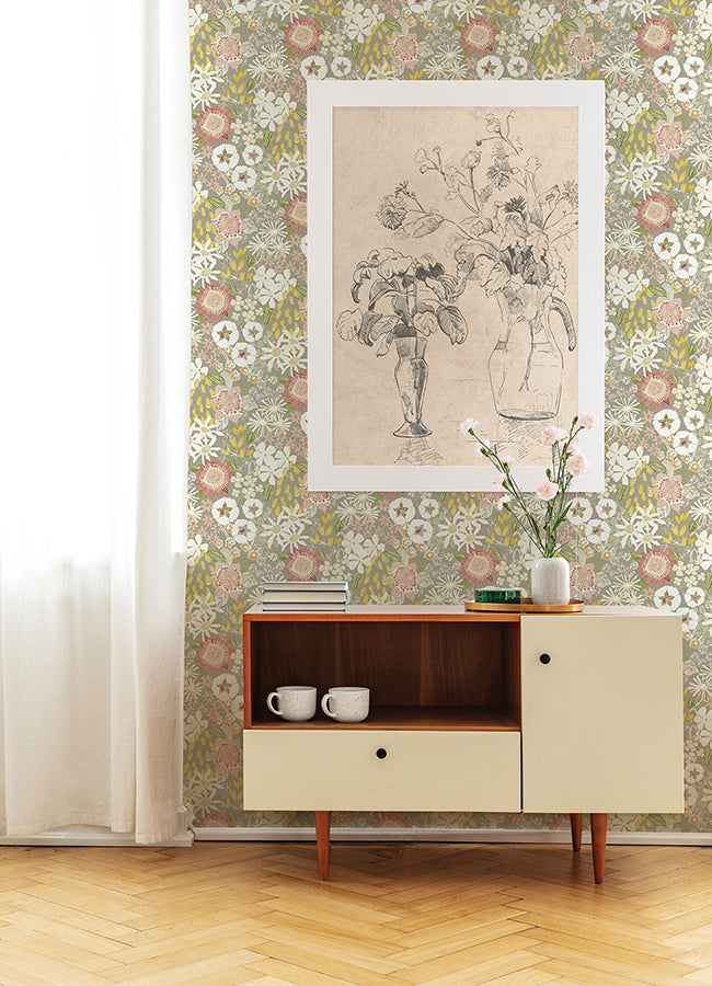 Karina Neutral Wildflower Garden Wallpaper  | Brewster Wallcovering