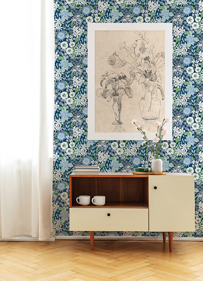 Karina Blue Wildflower Garden Wallpaper  | Brewster Wallcovering - The WorkRm