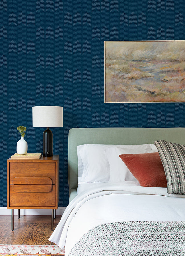 Nyle Dark Blue Chevron Stripes Wallpaper  | Brewster Wallcovering - The WorkRm