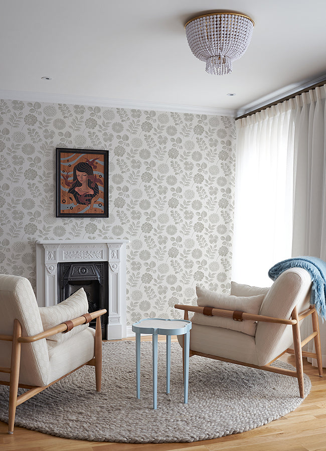 Inge Light Grey Floral Block Print Wallpaper  | Brewster Wallcovering - The WorkRm