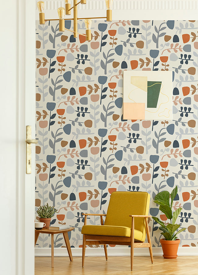 Juni Orange Abstract Tulips Wallpaper - Brewster Wallcovering