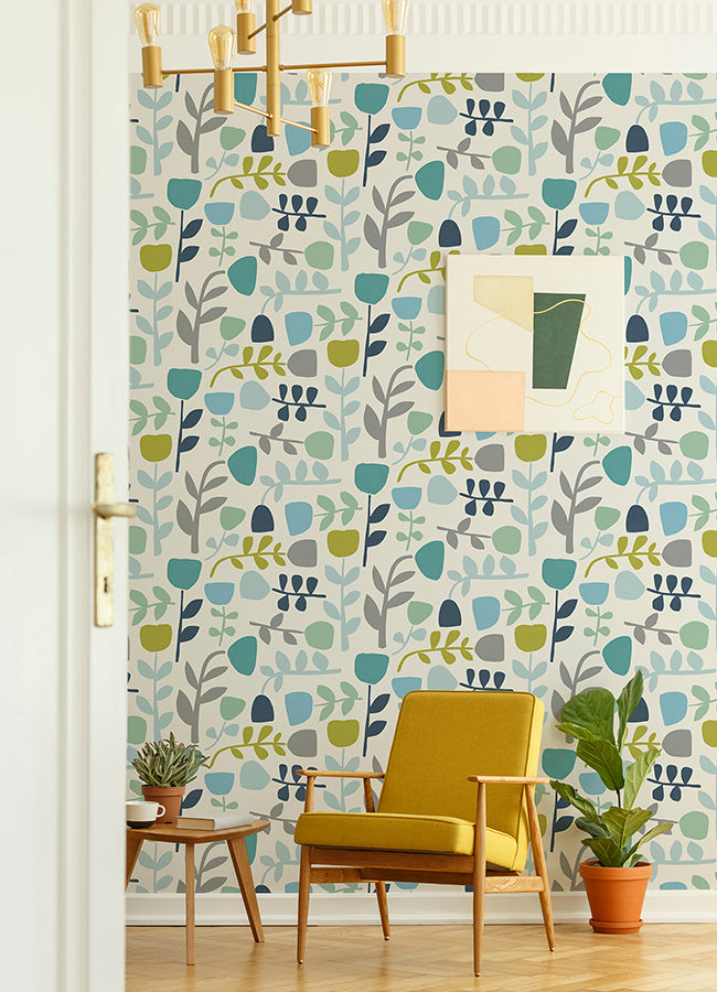 Juni Teal Abstract Tulips Wallpaper  | Brewster Wallcovering - The WorkRm