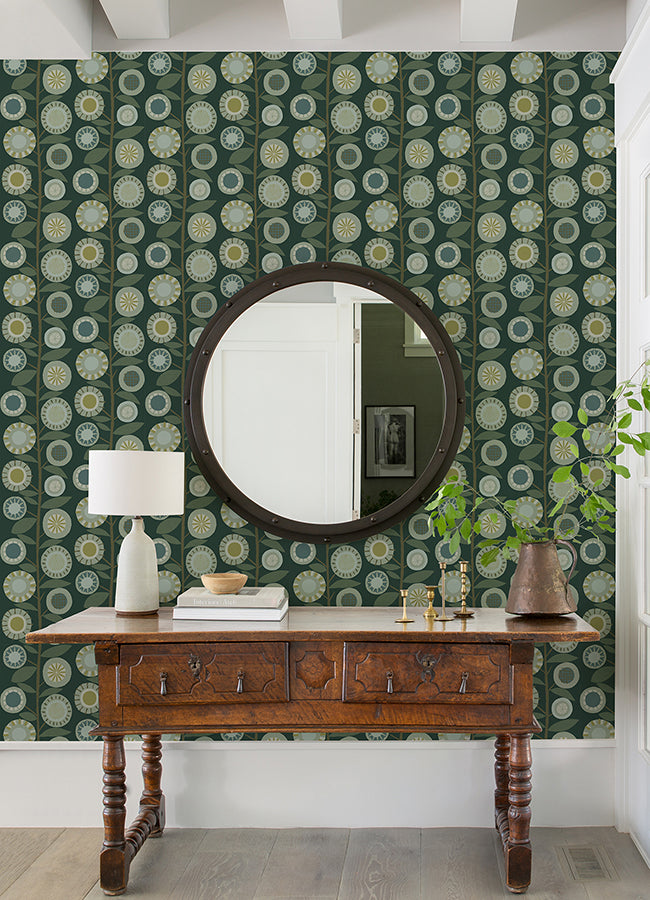 Sisu Evergreen Floral Geometric Wallpaper - Brewster Wallcovering