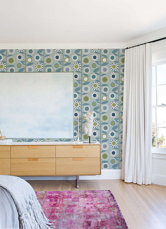 Sisu Light Blue Floral Geometric Wallpaper  | Brewster Wallcovering