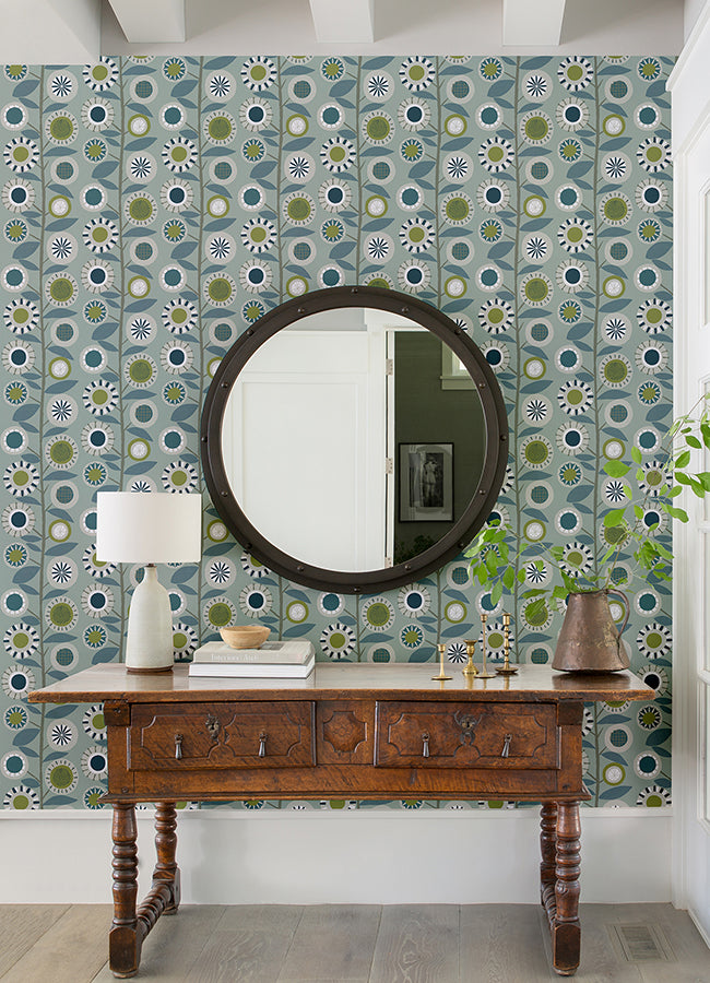 Sisu Light Blue Floral Geometric Wallpaper - Brewster Wallcovering