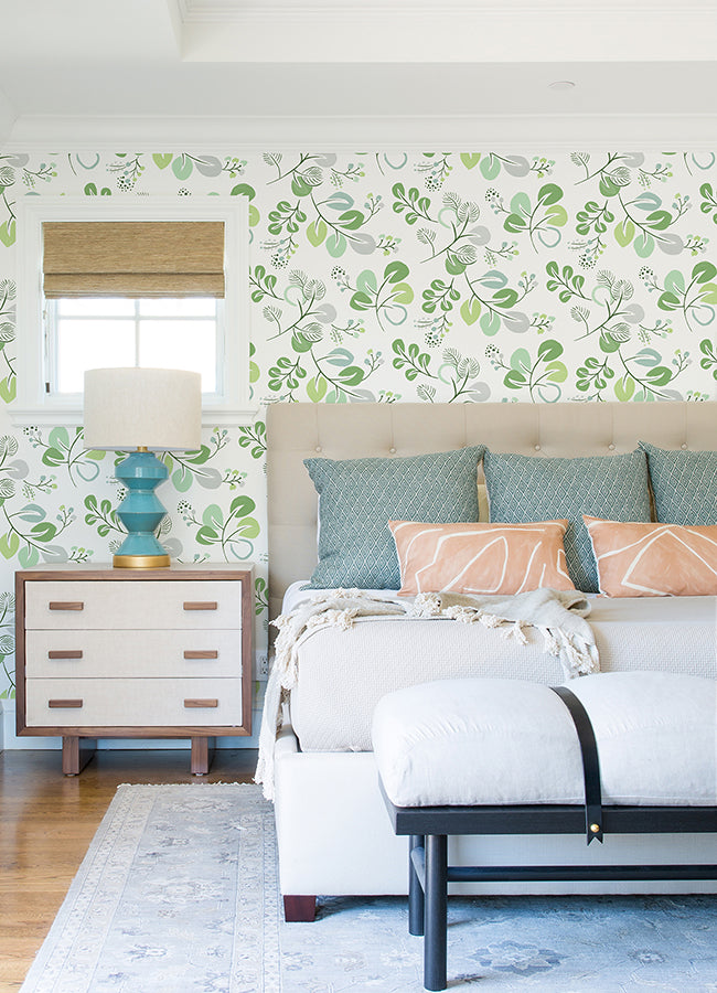 Jonah Light Green Leaf Trail Wallpaper - Brewster Wallcovering