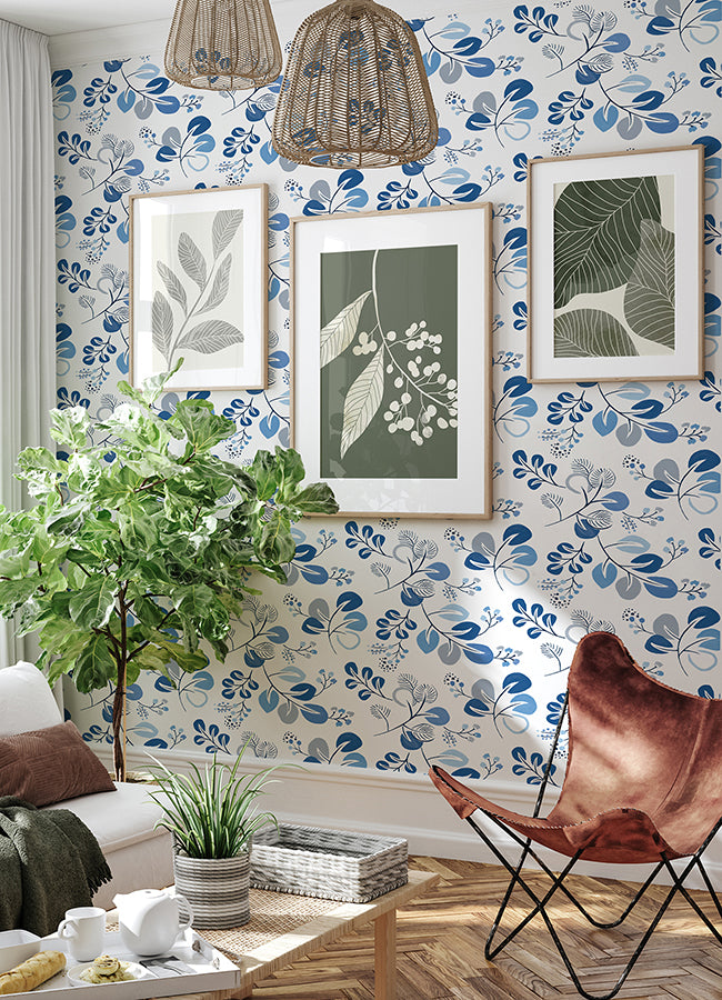 Jonah Blue Leaf Trail Wallpaper  | Brewster Wallcovering - The WorkRm