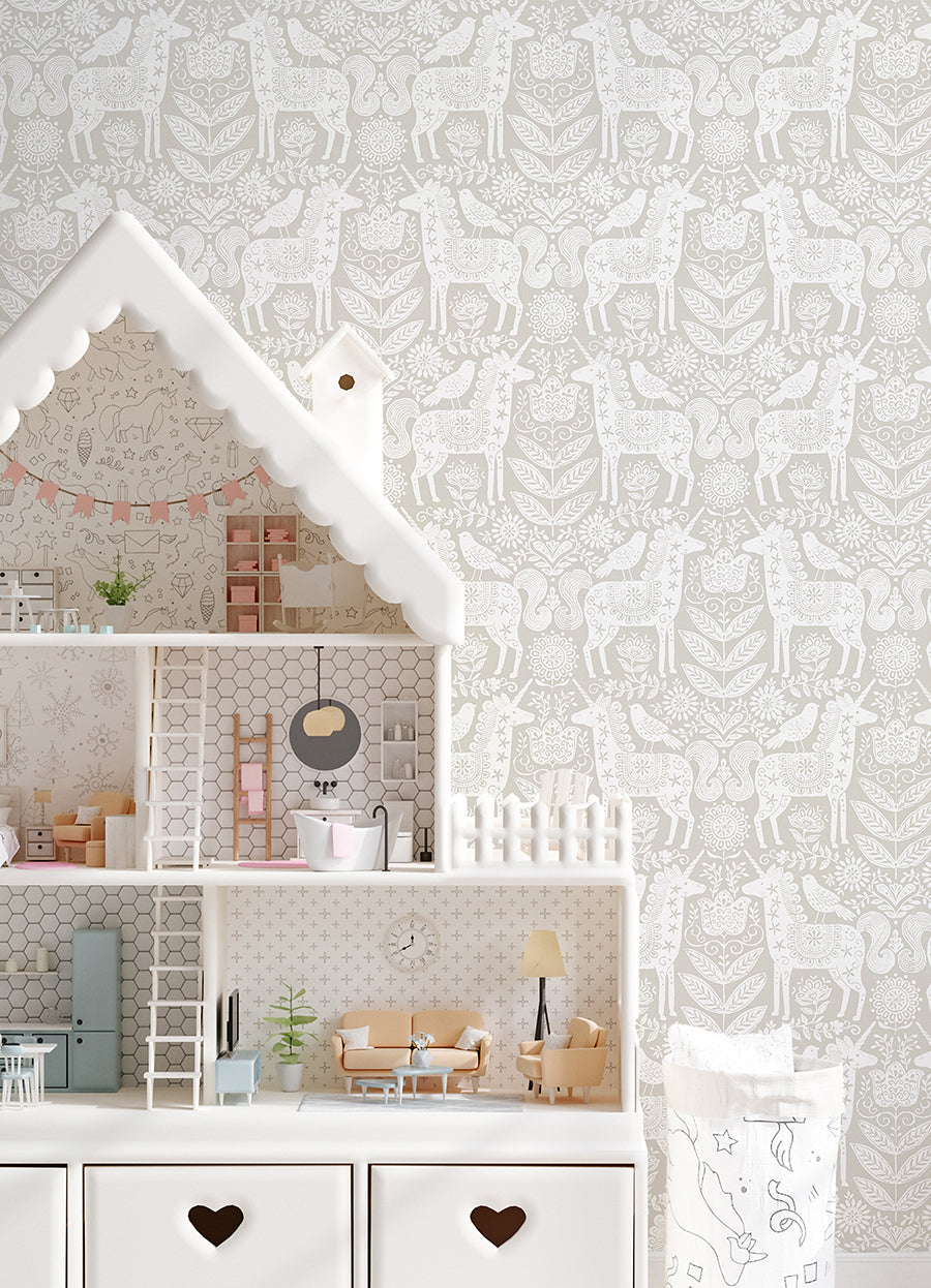 Unicorn Stamp Taupe Peel and Stick Wallpaper - Brewster Wallcovering