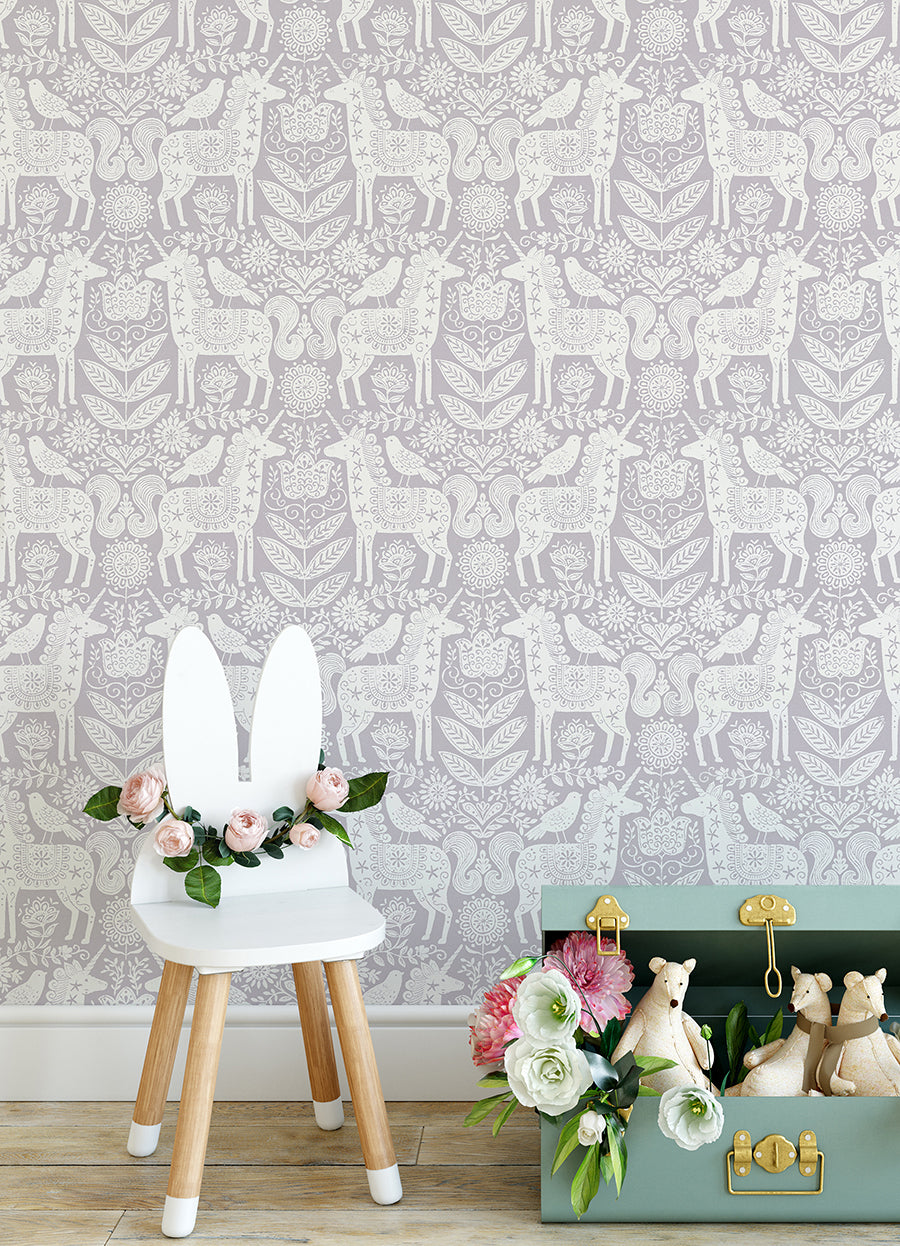 Unicorn Stamp Purple Peel and Stick Wallpaper  | Brewster Wallcovering