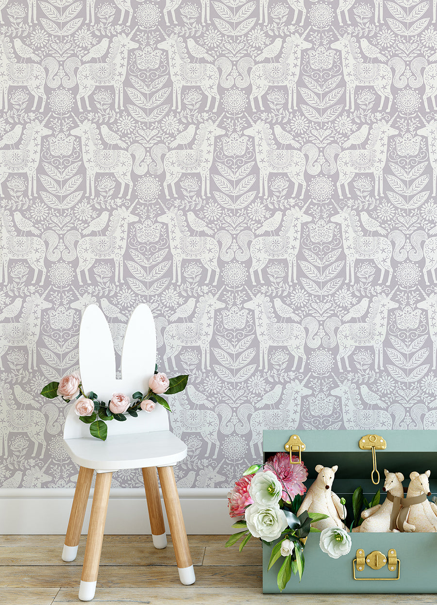 Unicorn Stamp Purple Peel and Stick Wallpaper - Brewster Wallcovering