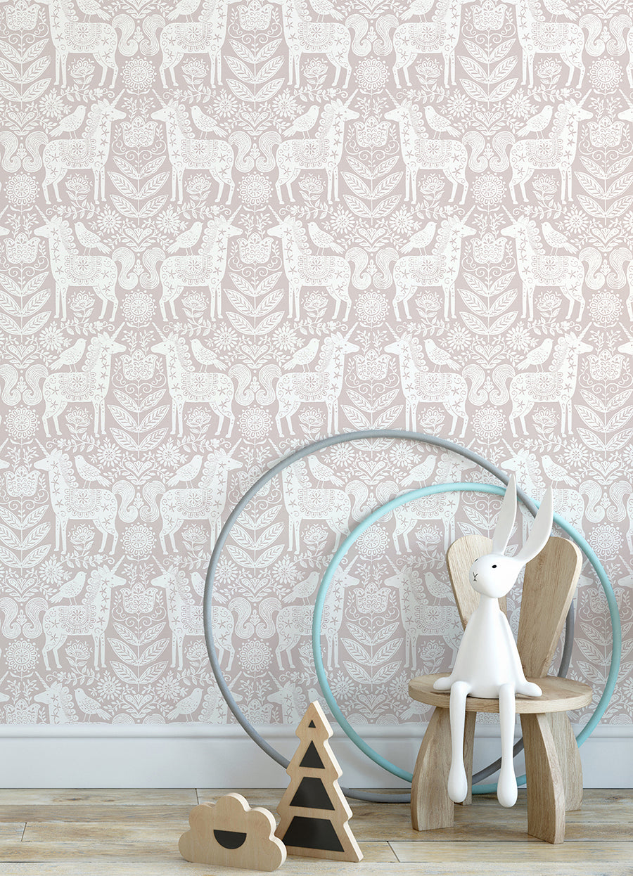 Unicorn Stamp Pink Peel and Stick Wallpaper - Brewster Wallcovering