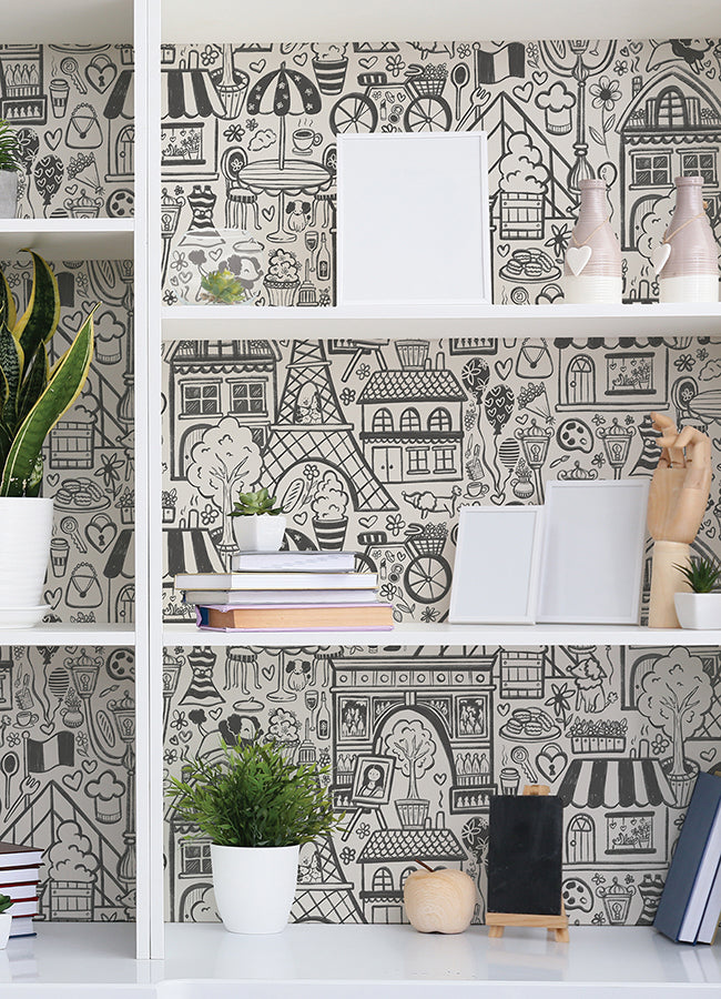 Oui Paris Charcoal Peel and Stick Wallpaper - Brewster Wallcovering