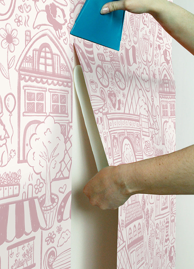 Oui Paris Pink Peel and Stick Wallpaper - Brewster Wallcovering