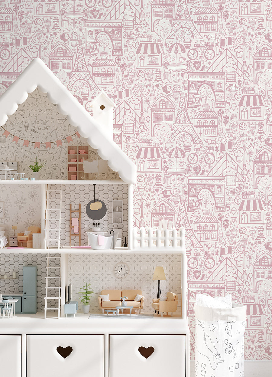 Oui Paris Pink Peel and Stick Wallpaper - Brewster Wallcovering