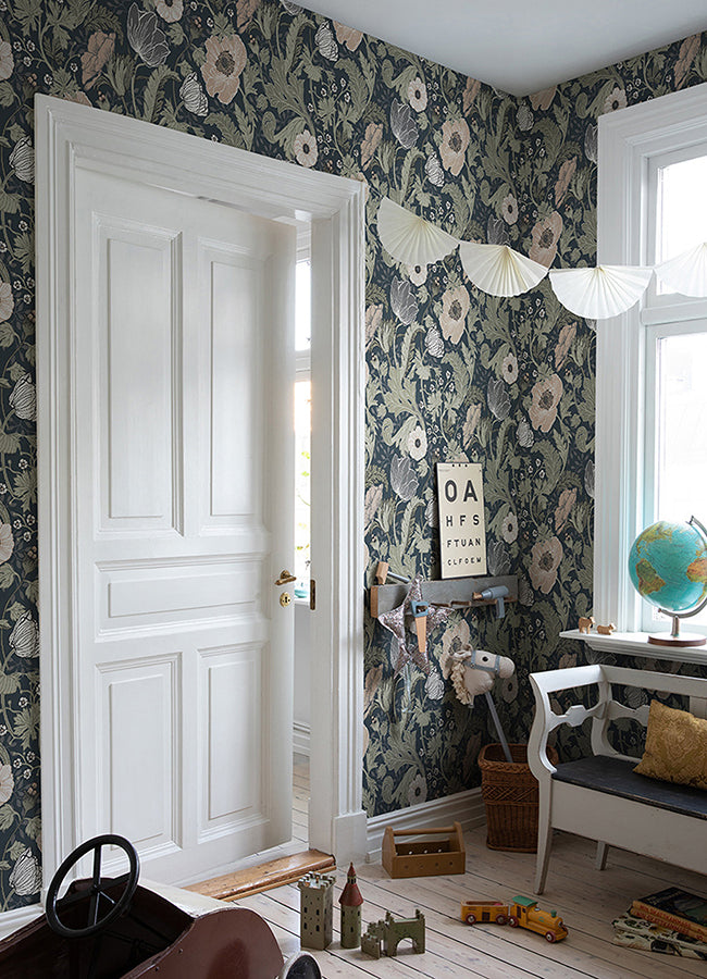 Anemone Navy Floral Wallpaper  | Brewster Wallcovering - The WorkRm