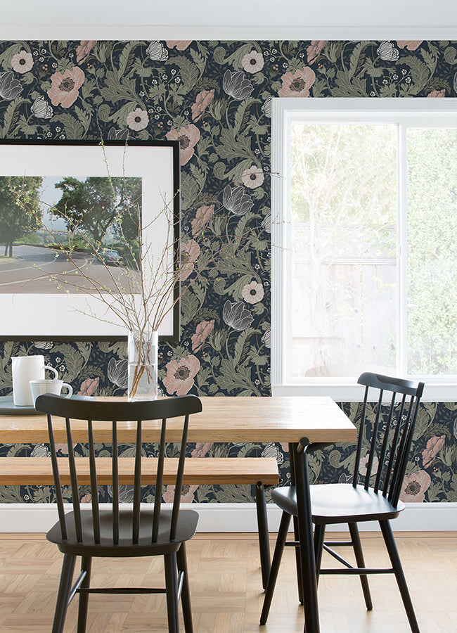 Anemone Navy Floral Wallpaper  | Brewster Wallcovering - The WorkRm