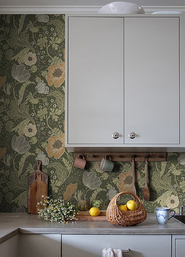 Anemone Green Floral Wallpaper  | Brewster Wallcovering - The WorkRm