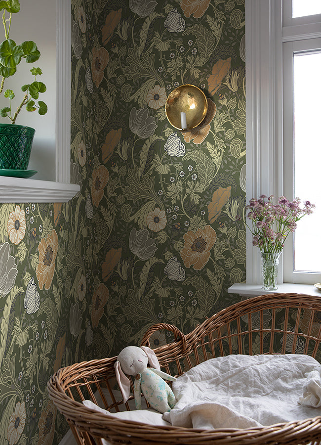 Anemone Green Floral Wallpaper  | Brewster Wallcovering - The WorkRm