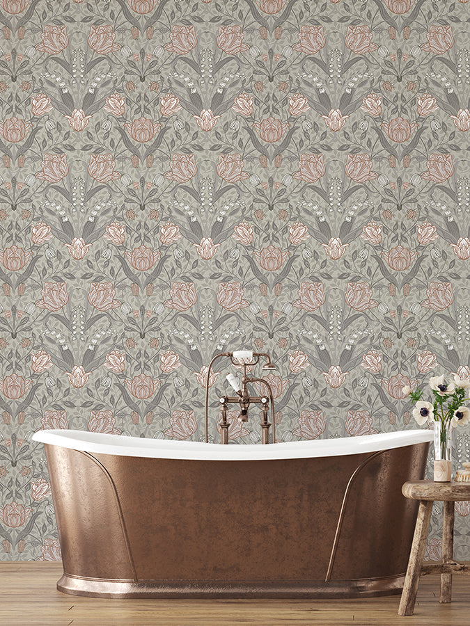 Filippa Grey Tulip Wallpaper - Brewster Wallcovering