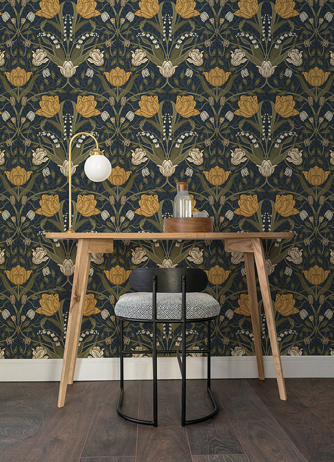 Filippa Navy Tulip Wallpaper  | Brewster Wallcovering - The WorkRm