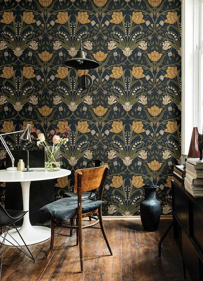 Filippa Navy Tulip Wallpaper  | Brewster Wallcovering - The WorkRm