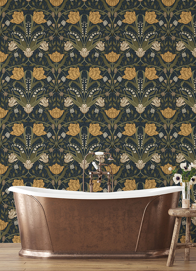 Filippa Navy Tulip Wallpaper  | Brewster Wallcovering - The WorkRm