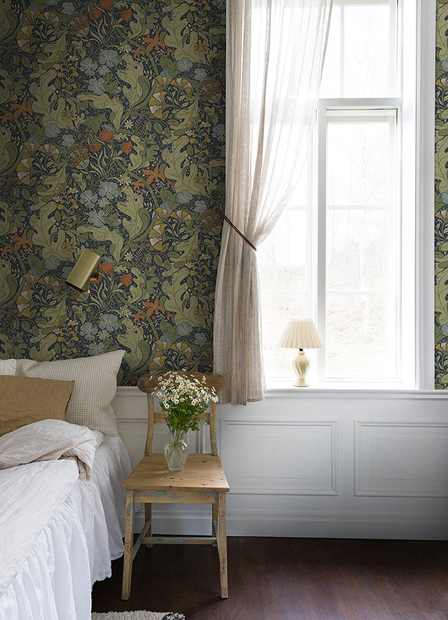 Elise Indigo Nouveau Gardens Wallpaper  | Brewster Wallcovering - The WorkRm