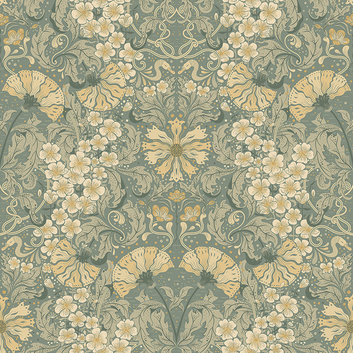 Picture of Ojvind Sea Green Floral Ogee Wallpaper