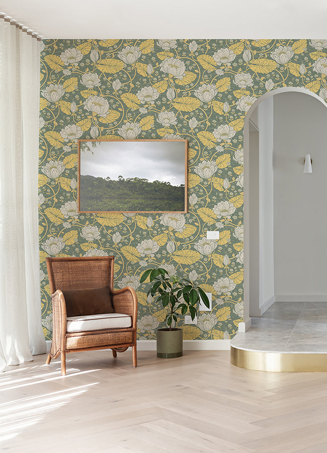 Eva Yellow Lotus Dreams Wallpaper  | Brewster Wallcovering