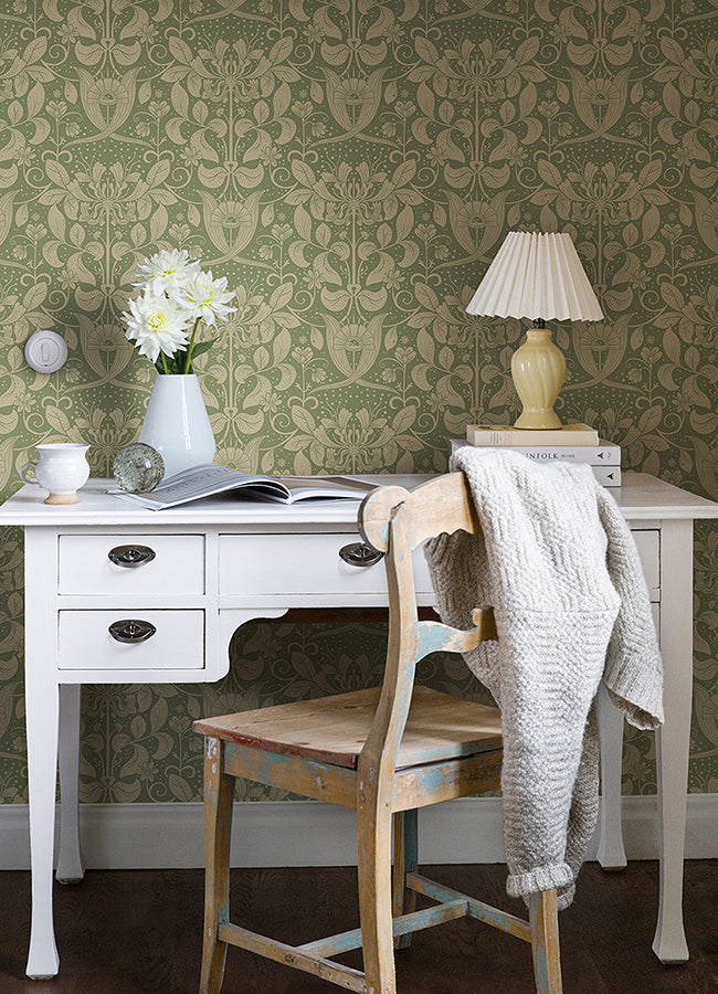 Berit Green Floral Crest Wallpaper  | Brewster Wallcovering - The WorkRm